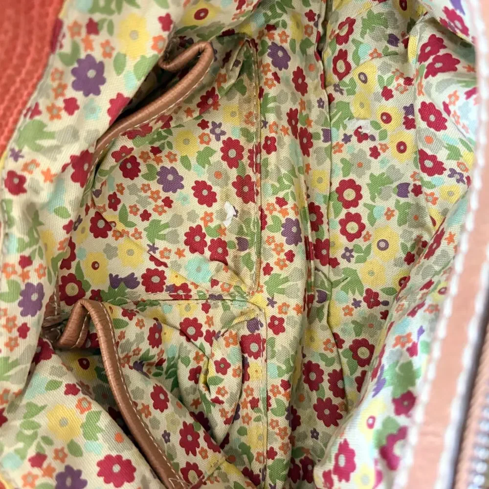 Fossil Y2K Coral Woven Leather Shoulder Bag Floral Lining Boho Handbag